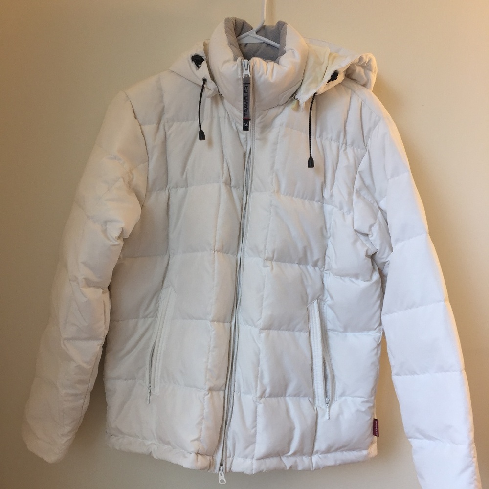 Women's white down jacket coat hoodie Medium